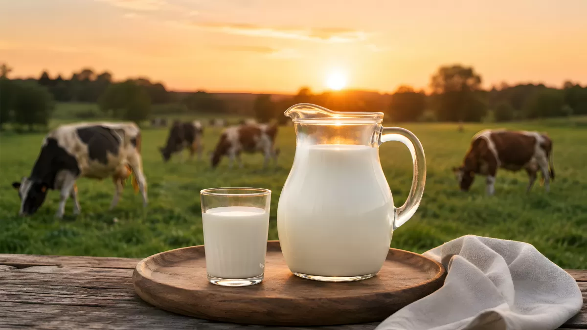 Frische Milch im Krug mit Weidekühen im Sonnenuntergang