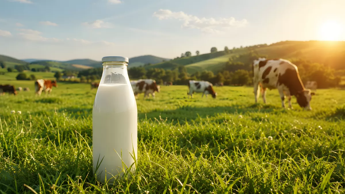 Frische Milch in Glasflasche auf grüner Weide