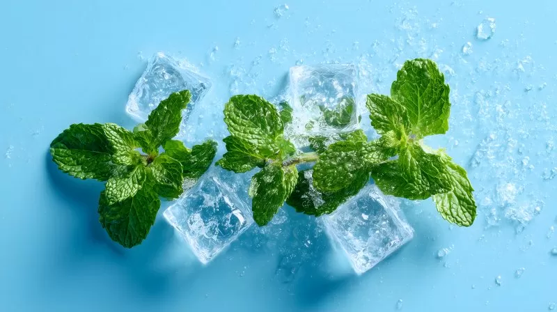 Frische Minzblätter mit Eiswürfeln auf weißem Hintergrund