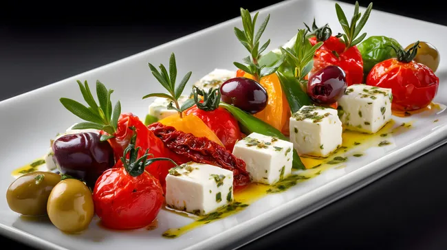 Frische Mittelmeerküche mit Oliven, Feta und Paprika