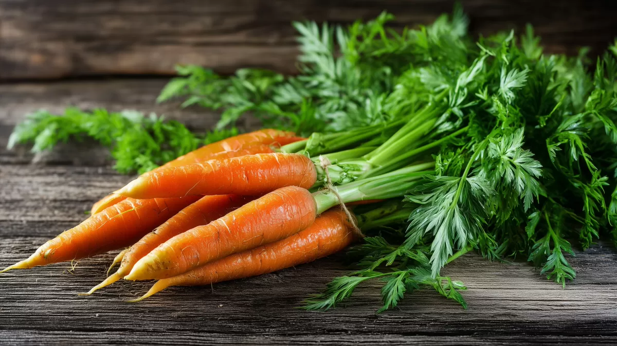 Frische Möhren und Kräuter auf Holztisch
