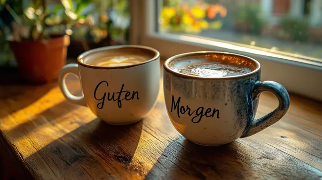 Frische Morgenstimmung mit Kaffee auf rustikalem Holztisch