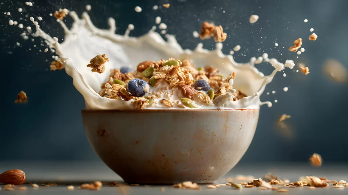 Frische Müslischüssel mit Milchspritzer