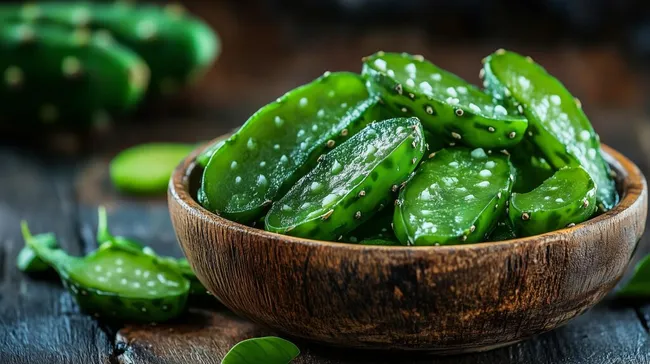 Frische Nopales-Blätter in rustikaler Holzschale