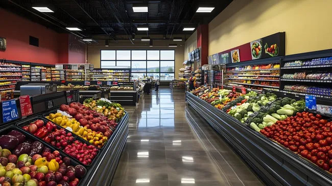 Frische Obst- und Gemüseauslage in modernem Supermarkt
