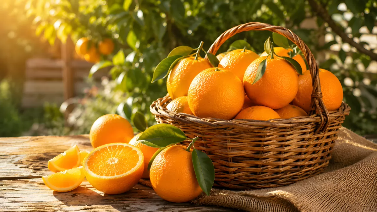 Frische Orangen im Korb auf rustikalem Holztisch