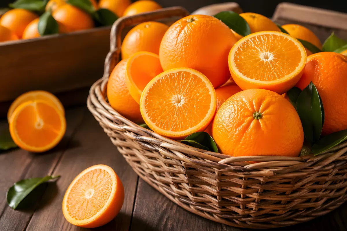 Frische Orangen im Weidenkorb auf Holztisch