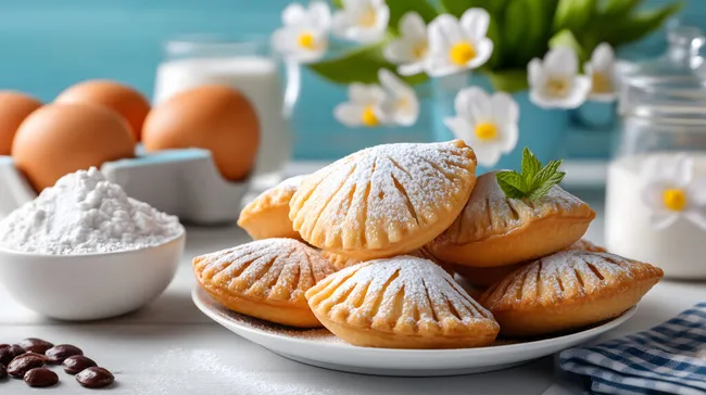 Frische Ostergebäcke mit Puderzucker und Frühlingsblumen