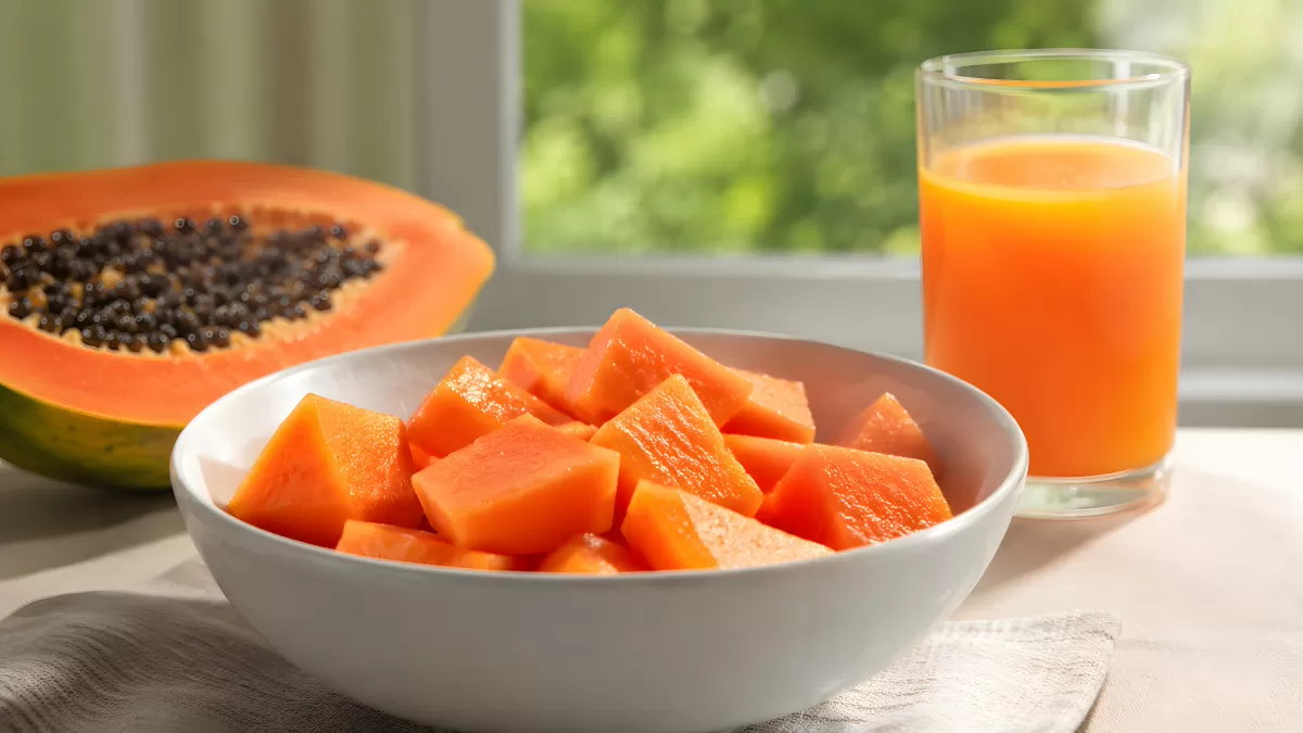 Frische Papaya in Schüssel mit Saft und halber Frucht