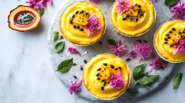 Frische Passionsfrucht-Törtchen mit bunten Blüten