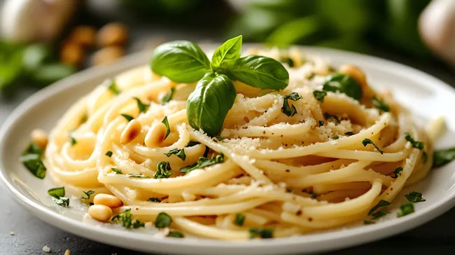 Frische Pasta mit Basilikum und Pinienkernen