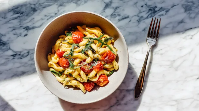 Frische Pasta mit Tomaten und Rucola in rustikaler Schüssel