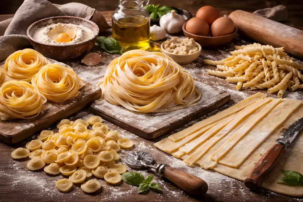 Frische Pasta-Sorten auf rustikalem Holztisch