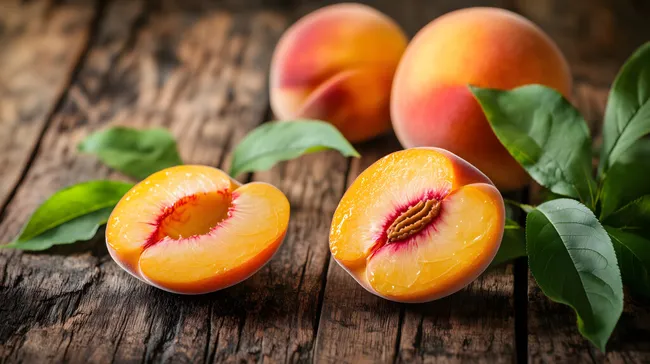 Frische Pfirsiche mit grünen Blättern auf Holzuntergrund