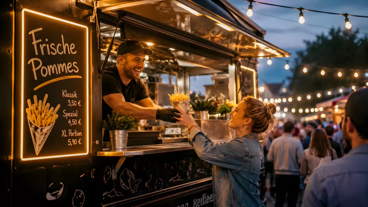 Frische Pommes am Foodtruck bei Abendstimmung