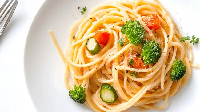 Frische Primavera-Pasta mit Gemüse auf weißem Teller
