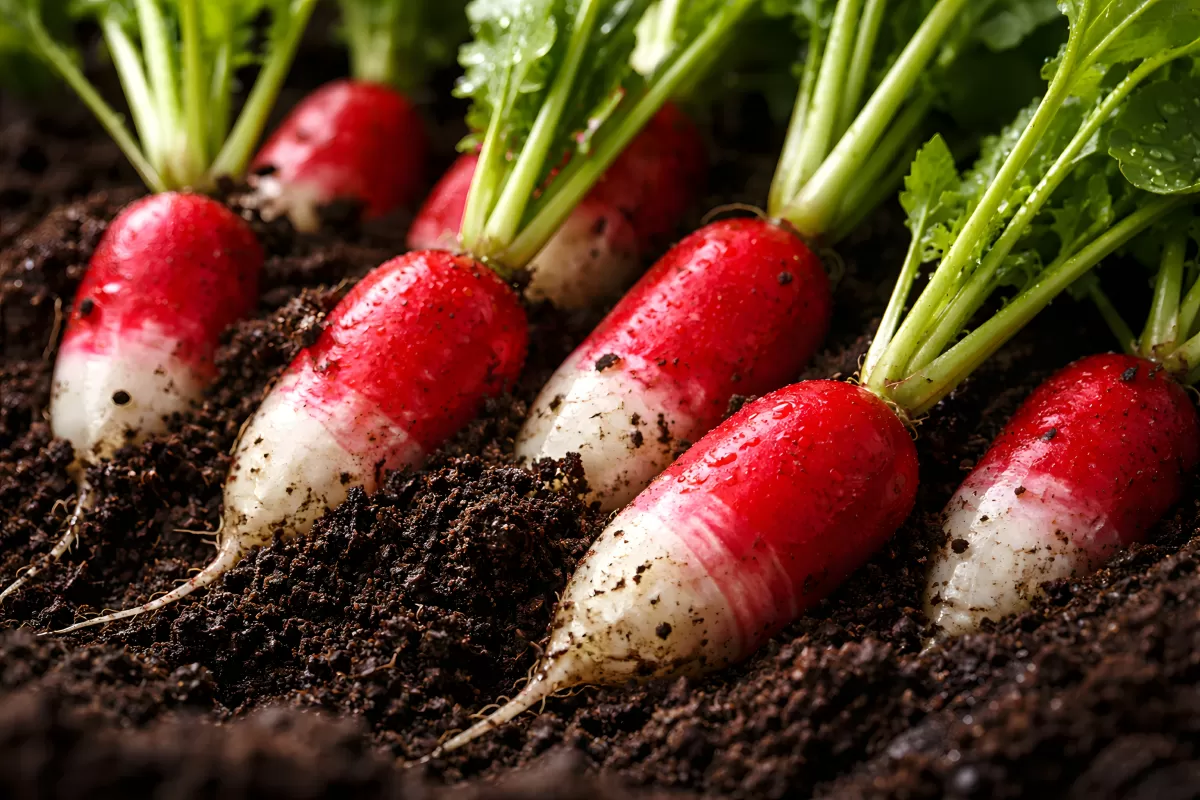 Frische Radieschen mit Erde auf dunklem Gartenboden