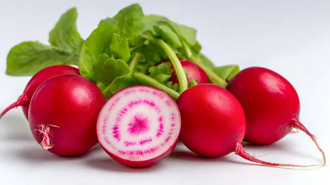 Frische Radieschen mit grünen Blättern auf weißem Hintergrund