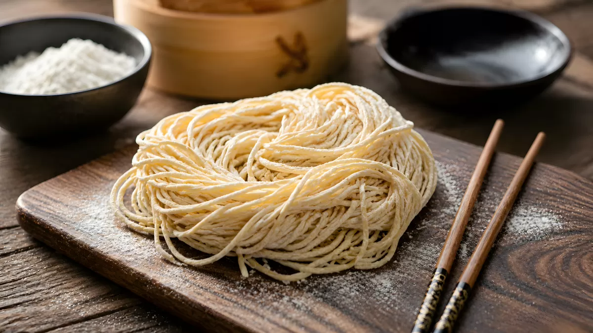 Frische Ramen-Nudeln auf Holzbrett mit Stäbchen