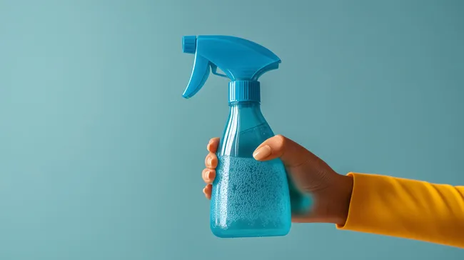Frische Reinigungsspray-Flasche vor einfarbigem Hintergrund