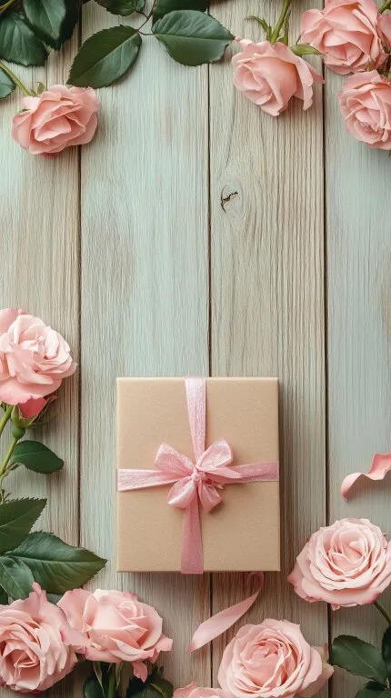 Frische Rosen und Geschenkbox auf Holzhintergrund