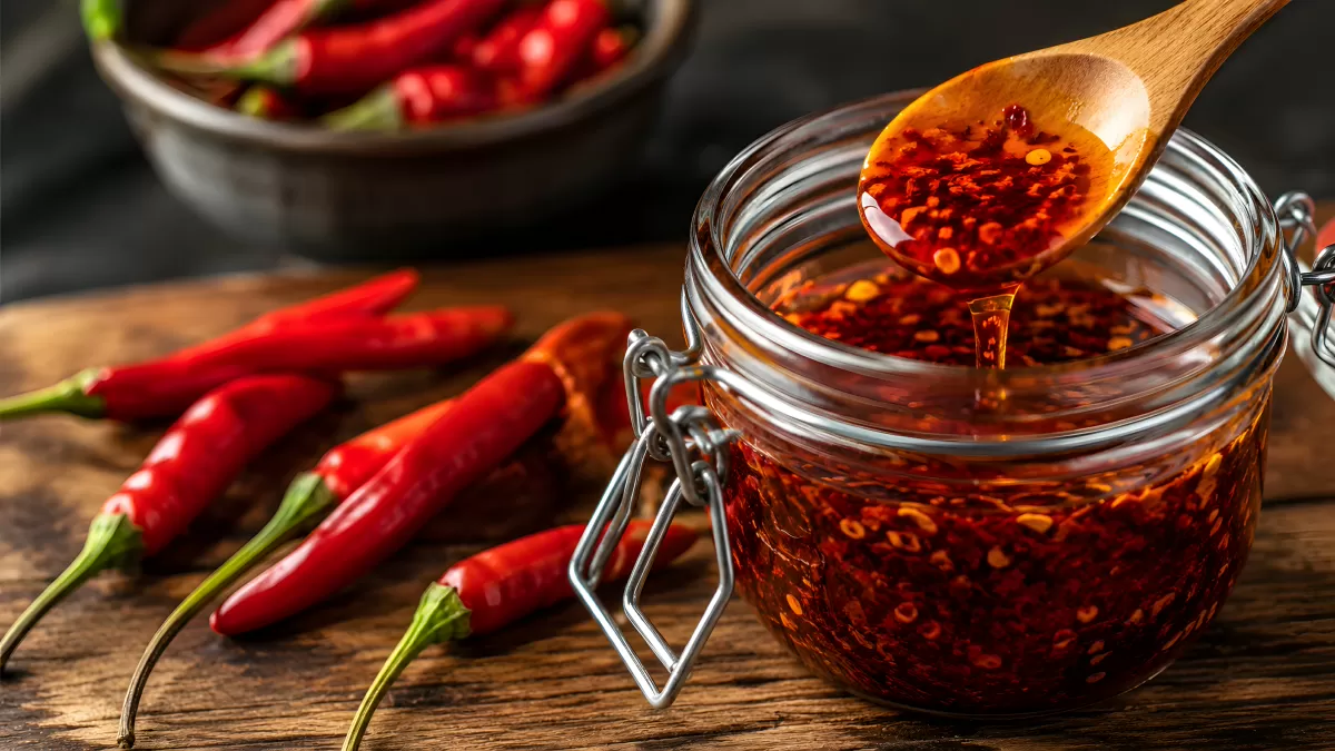Frische rote Chilischoten neben Chiliöl im Glas