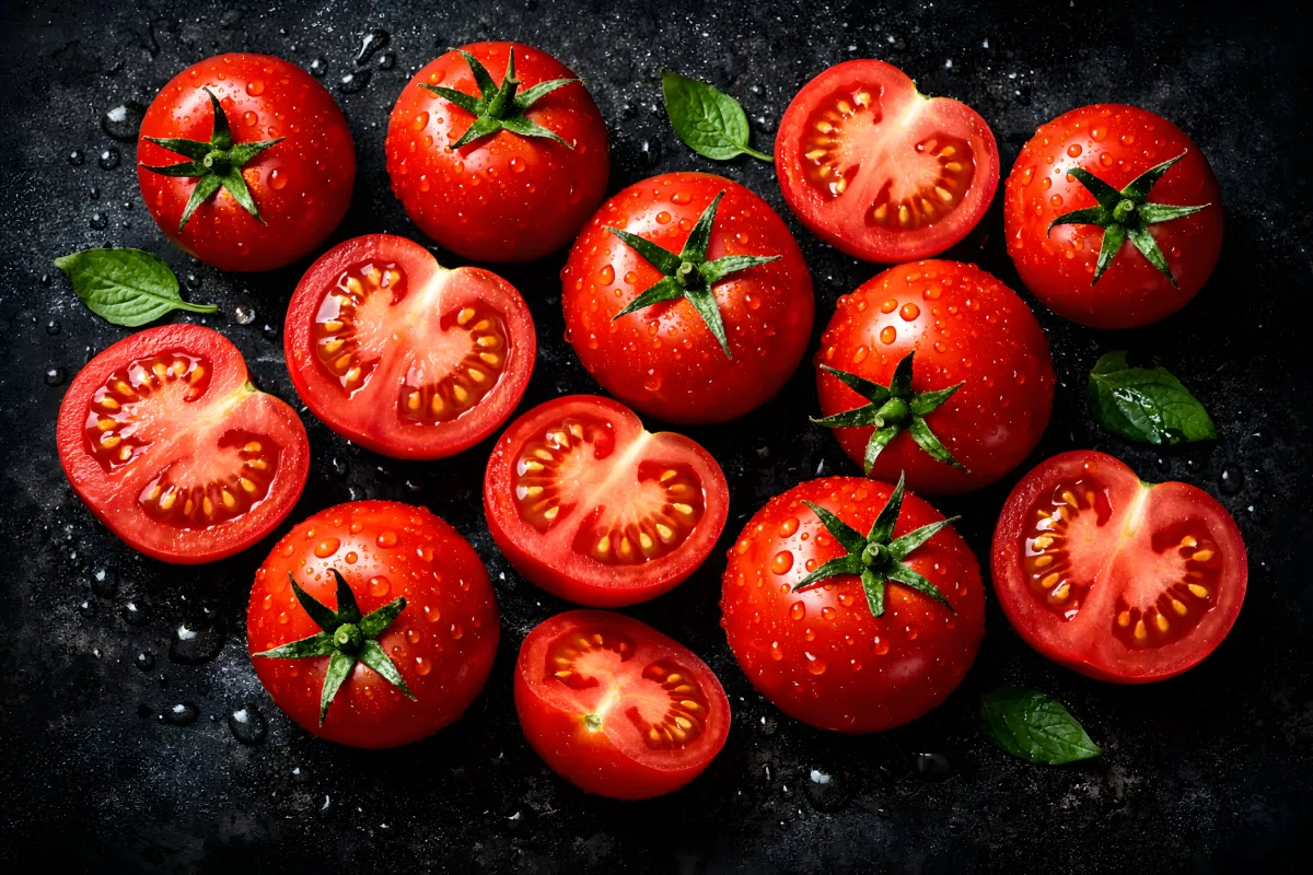 Frische rote Tomaten halb aufgeschnitten von oben