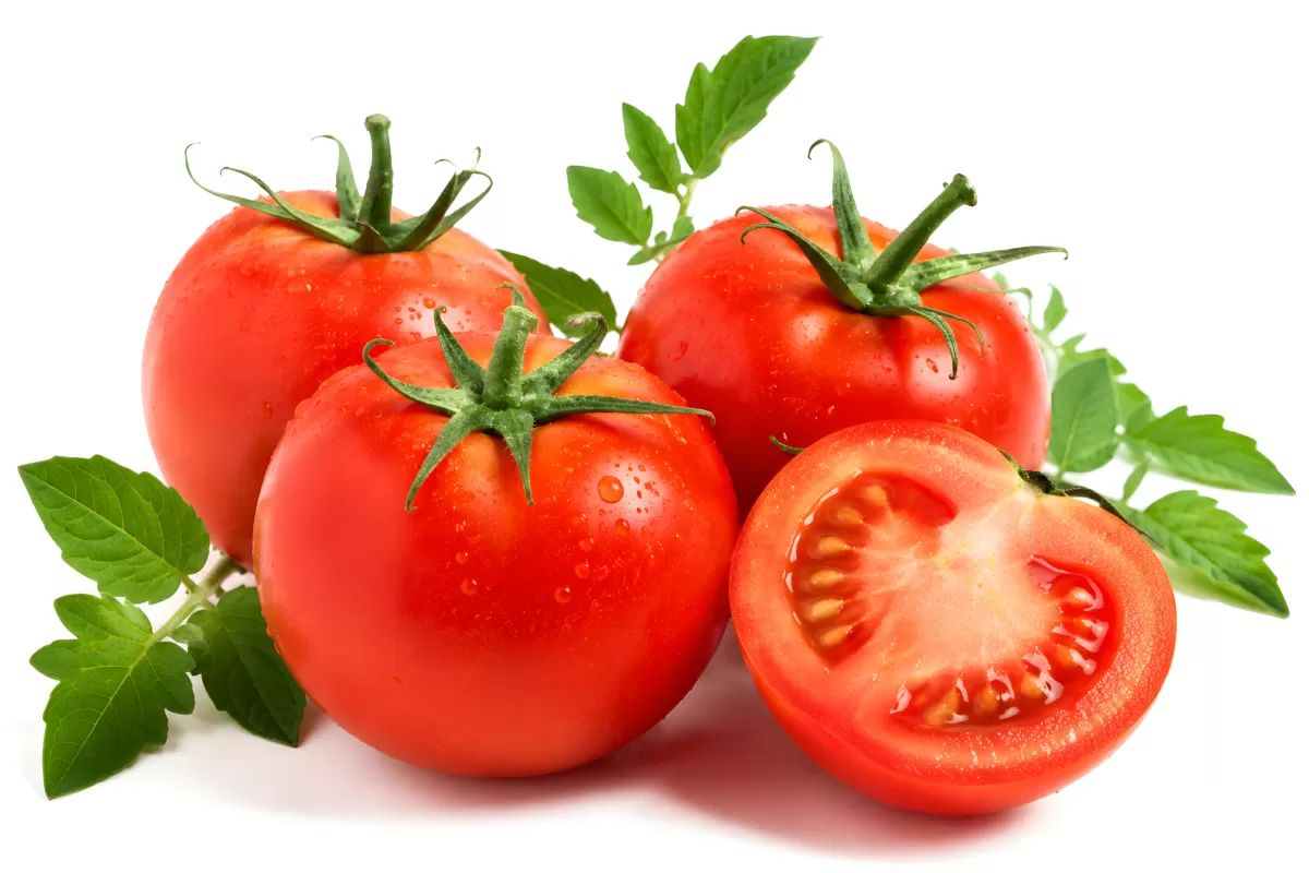 Frische rote Tomaten mit grünen Blättern und Schnittfläche