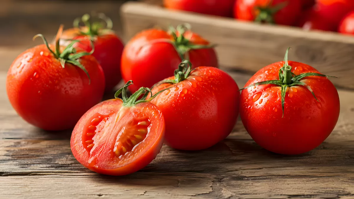 Frische rote Tomaten mit Wassertropfen auf Holz