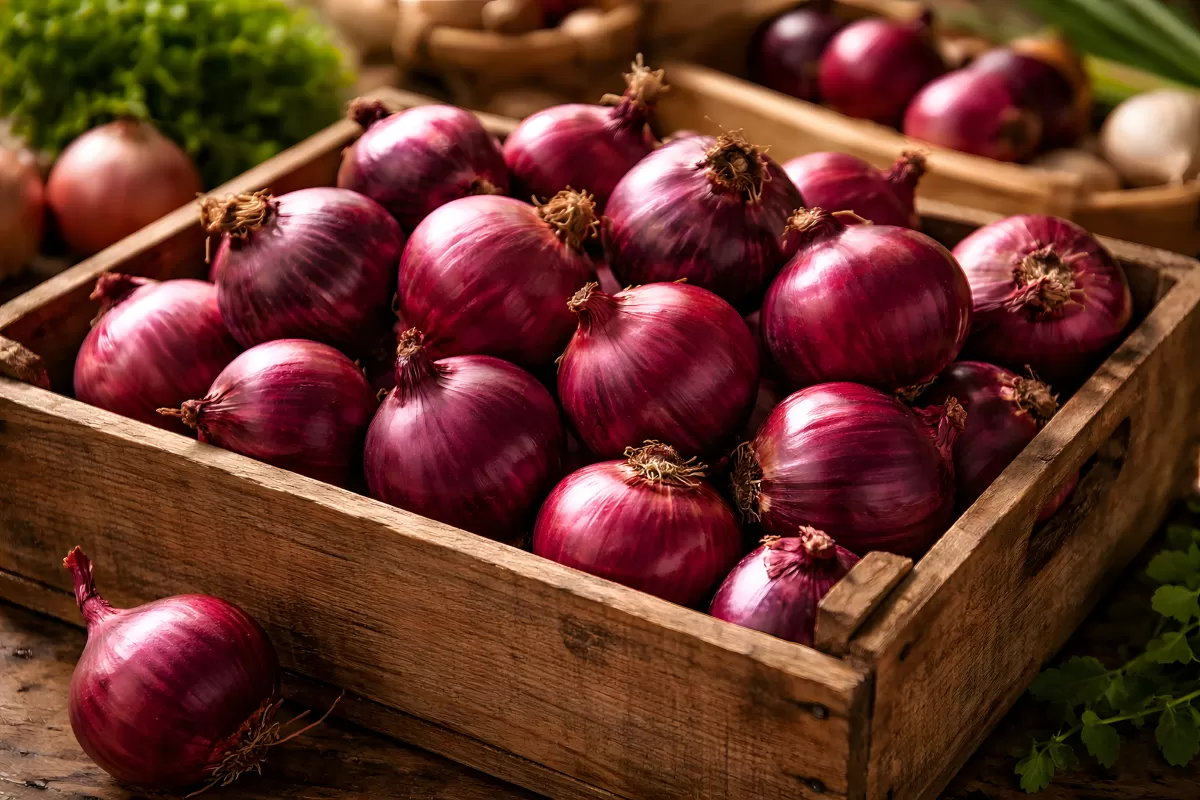 Frische rote Zwiebeln in rustikaler Holzkiste