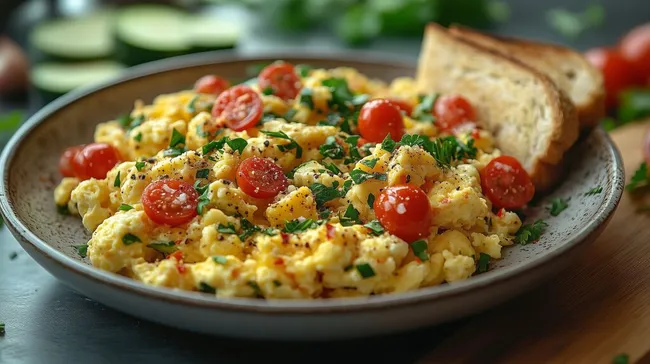 Frische Rühreier mit Tomaten und Kräutern in rustikaler Schale