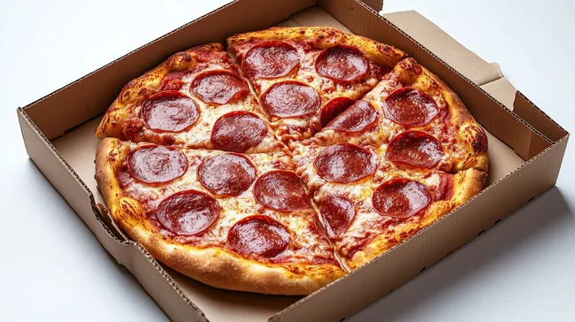 Frische Salami-Pizza in Kartonschachtel