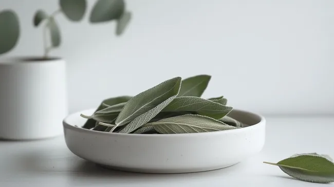 Frische Salbei-Blätter in weißer Keramikschale