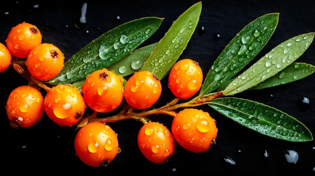 Frische Sanddornbeeren mit Wassertropfen auf schwarzem Grund
