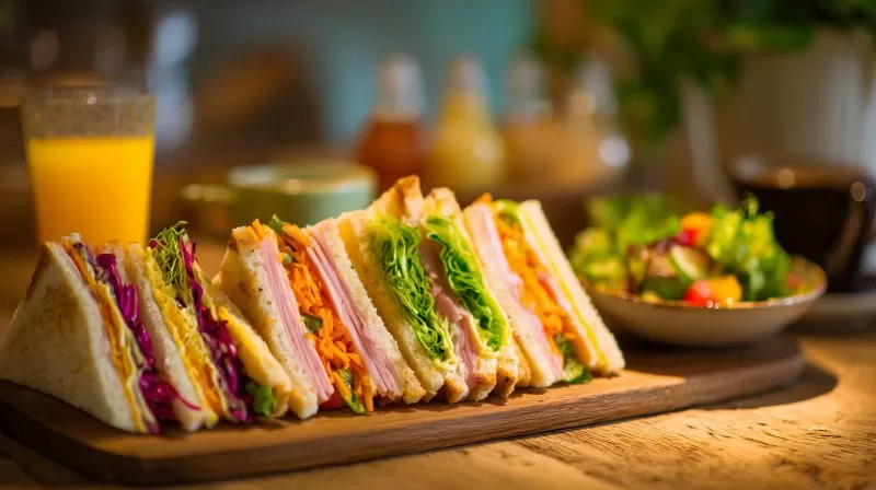 Frische Sandwiches mit Gemüse und Schinken auf Tisch