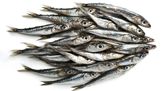 Frische Sardinen in Gruppe auf weißem Hintergrund