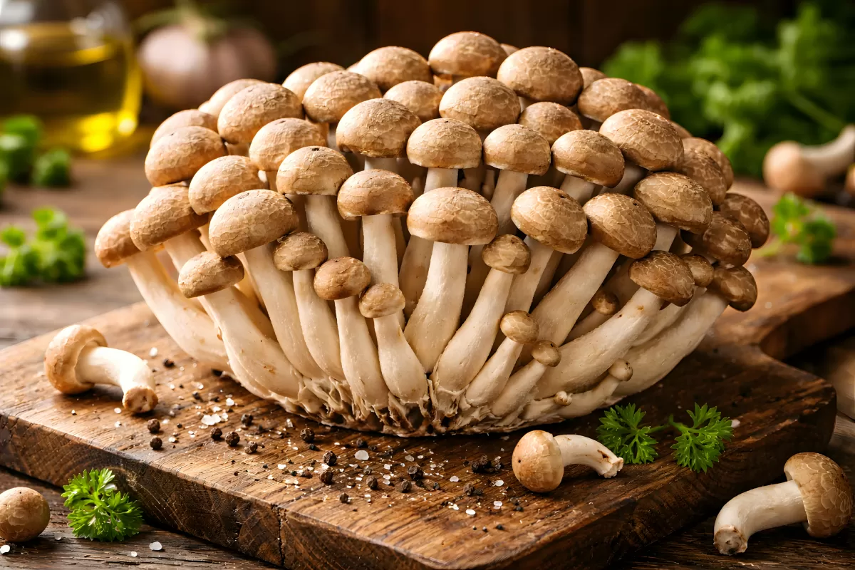 Frische Shimeji-Pilze auf rustikalem Holzbrett