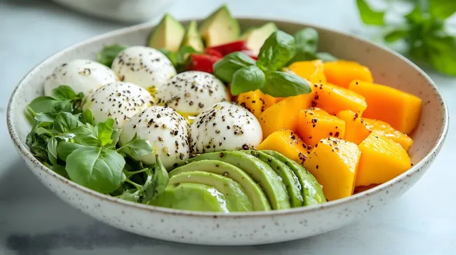 Frische Sommermahlzeit: Obst, Gemüse und Käse