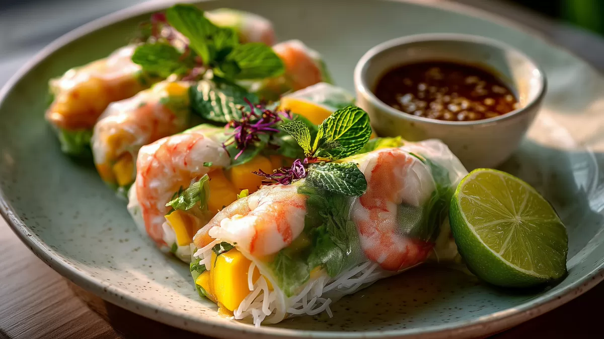 Frische Sommerrollen mit Garnelen und Mango