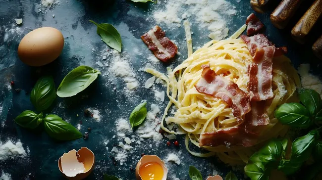 Frische Spaghetti Carbonara mit Zutaten