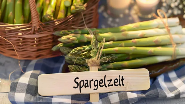 Frische Spargelbündel auf Picknickdecke - Spargelzeit
