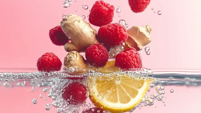 Frische, sprudelnde Himbeeren und Zitrone im Wasser