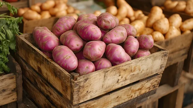 Frische Süßkartoffeln in rustikaler Holzkiste auf dem Markt