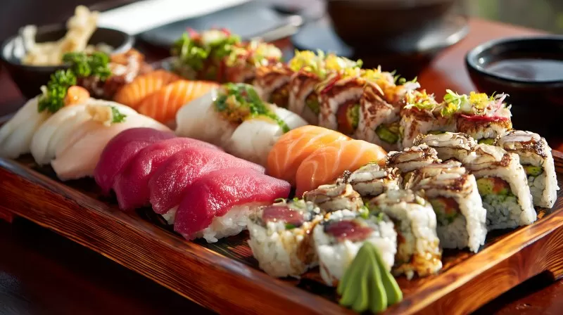 Frische Sushi Platte mit Maki und Nigiri auf Holztablett