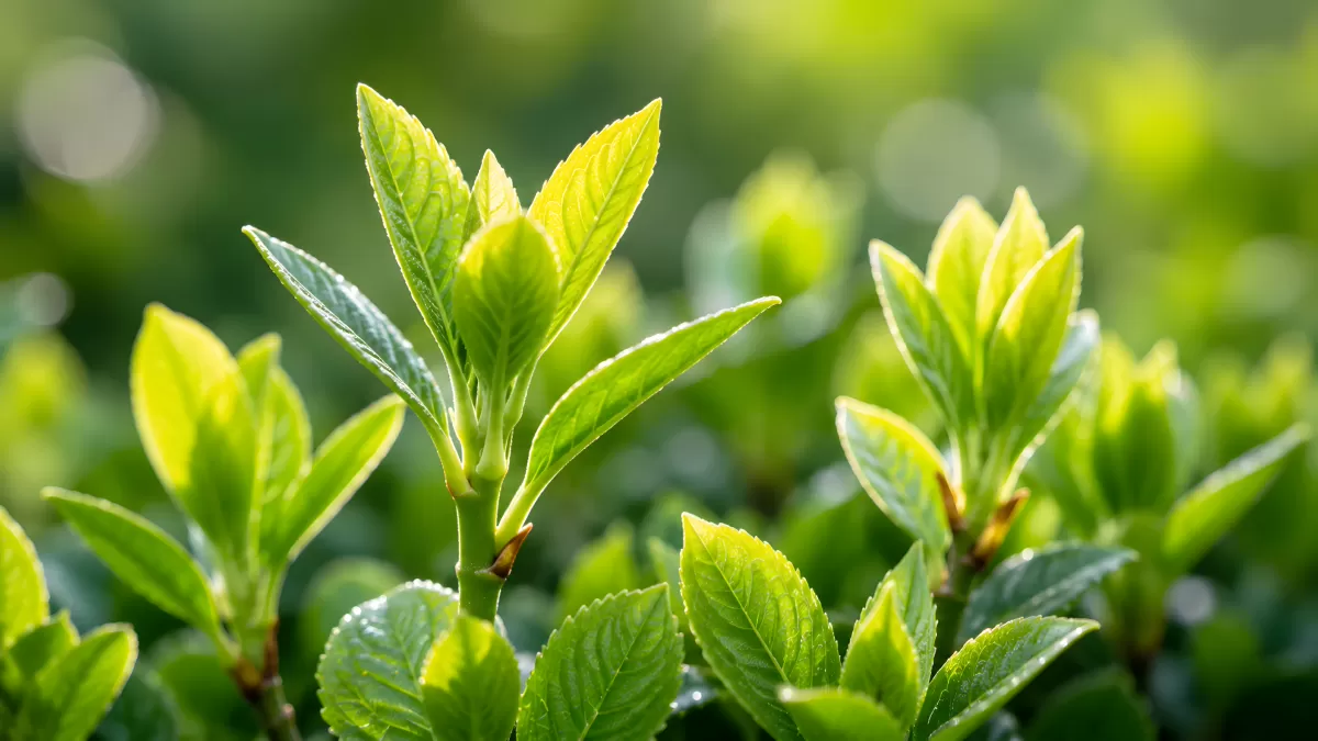 Frische Teeblätter im Gegenlicht der Morgensonne