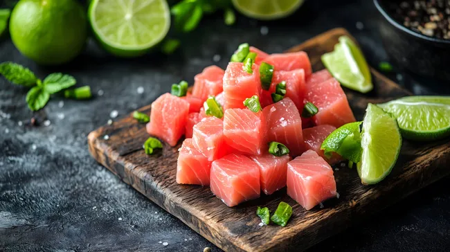 Frische Thunfisch-Würfel mit Limette und Kräutern