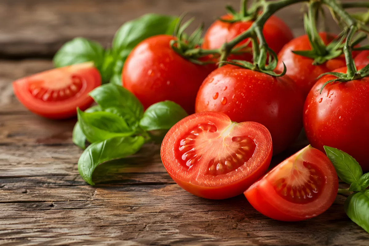 Frische Tomaten am Strauch mit Basilikum auf Holz