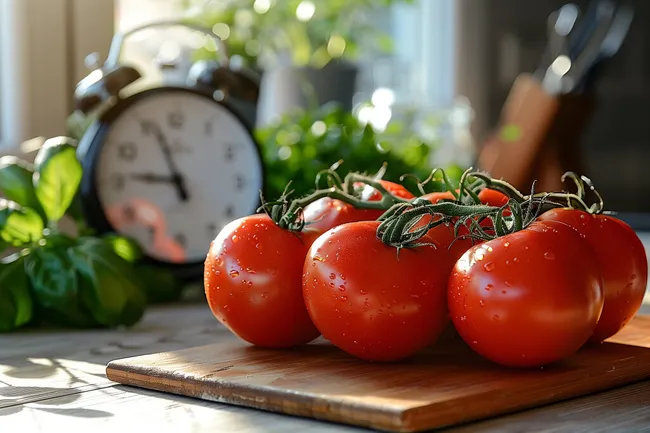 Frische Tomaten mit Uhr auf Holzbrett