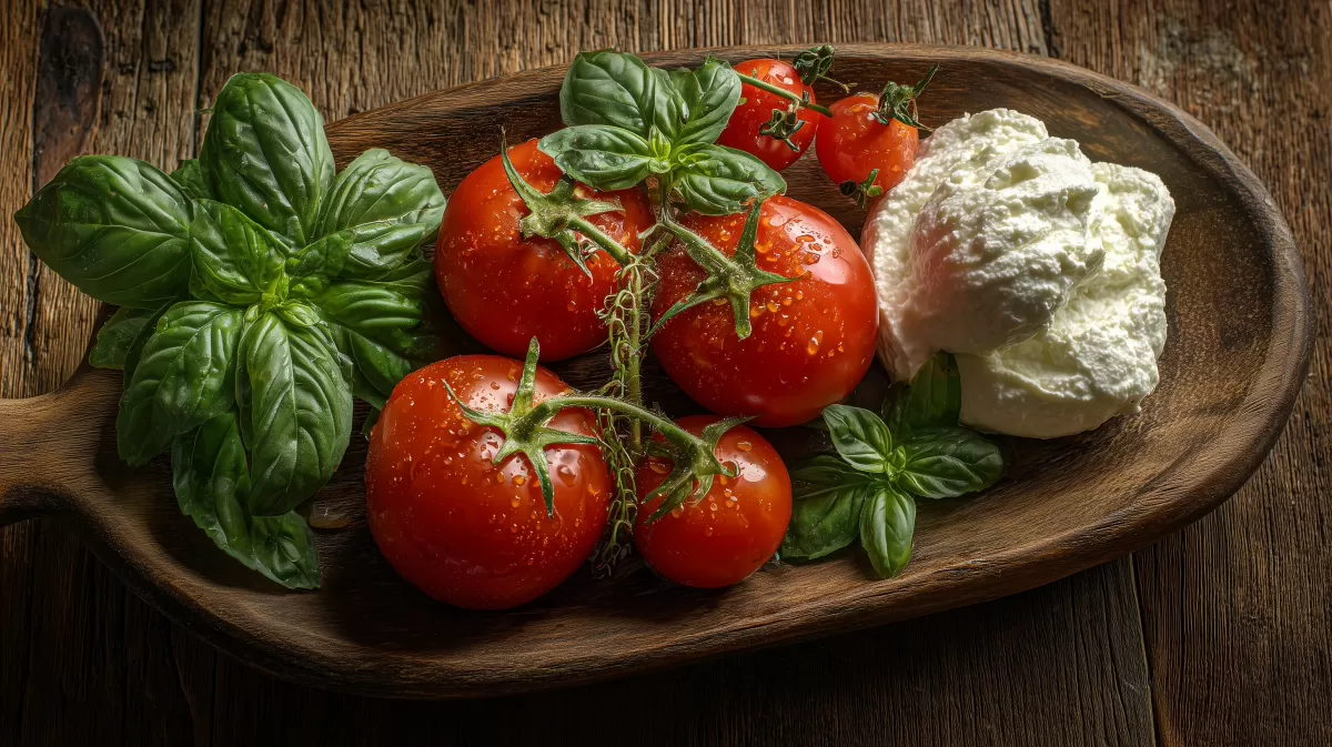 Frische Tomaten und Basilikum auf rustikalem Holzuntergrund