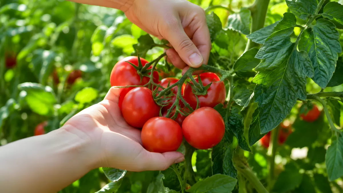 Frische Tomaten werden von Hand geerntet im Garten